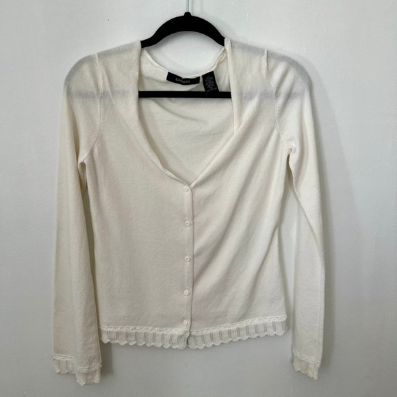 Express Tops - EXPRESS White Knit Cardigan Lace Trim Long Sleeve Button Up V-Neck GUC MEDIUM